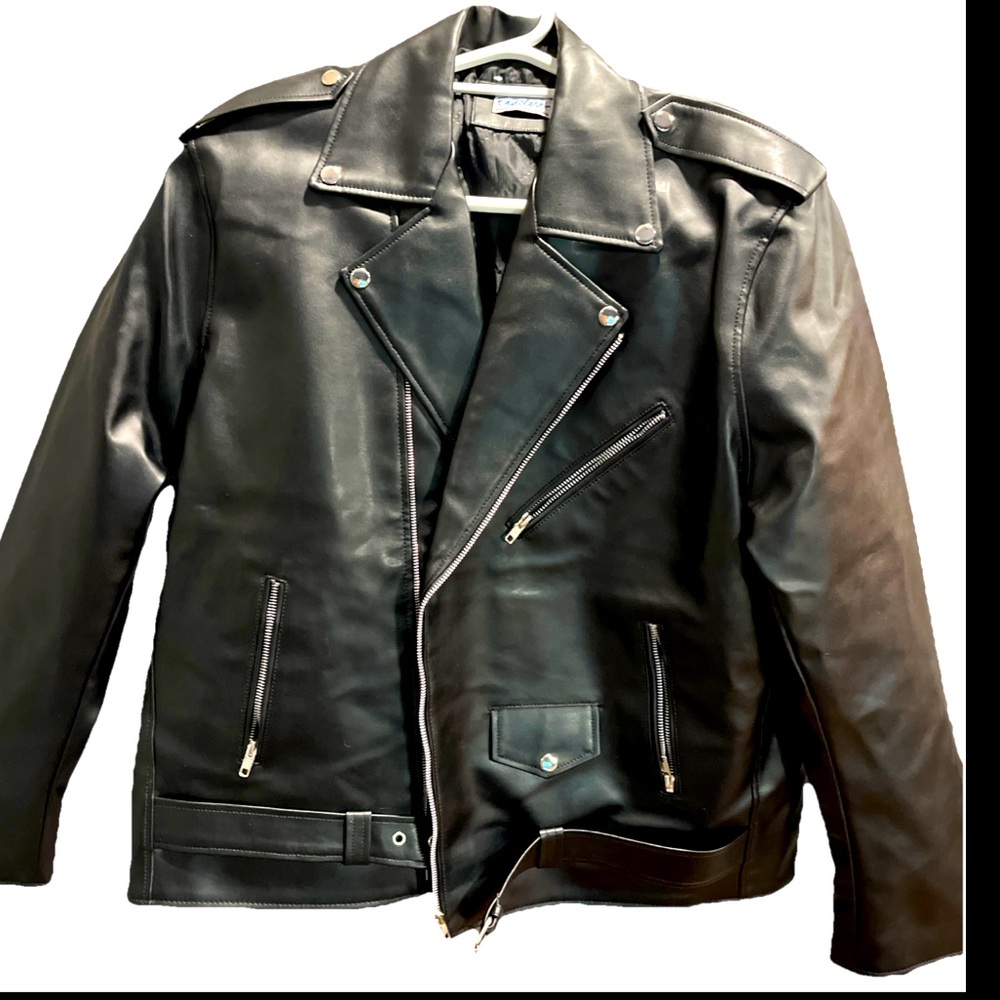 Motorcycle Jacket Mens 2XL Black Faux Leather Moto Biker Zip Pockets FADCLOSET